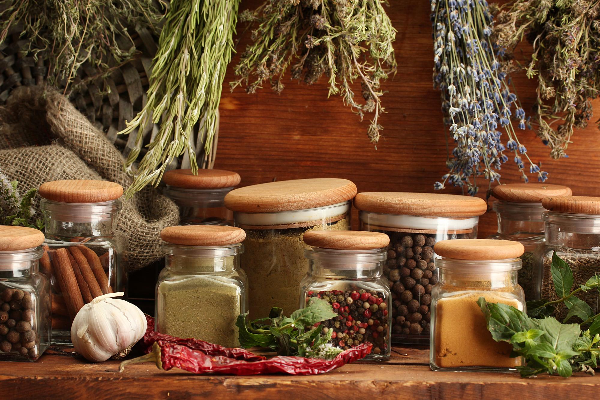 Local kitchen counter with jars and herbs