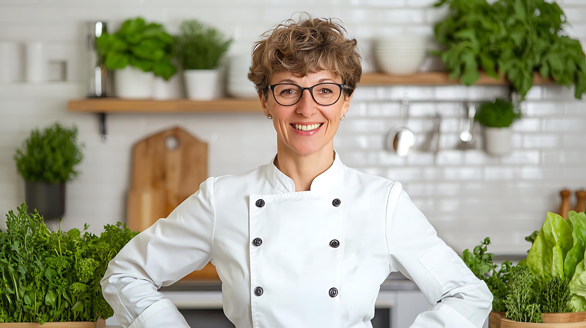 Chef smiling in small kitchen