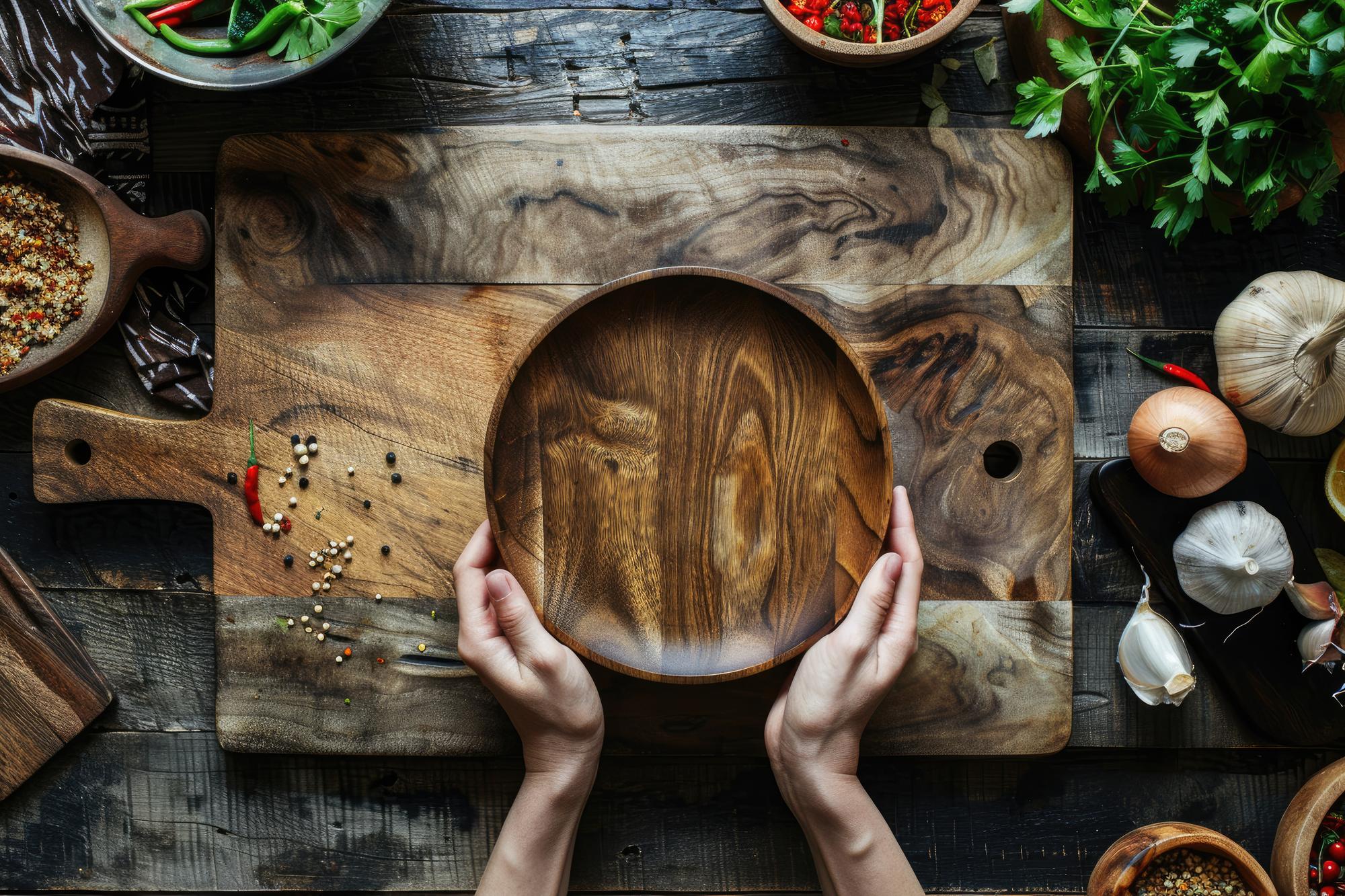 Chef arranging rustic dish on wooden board